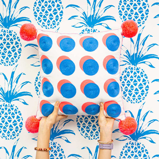Letterpop Spots Embroidered Cushion - Blue & Coral