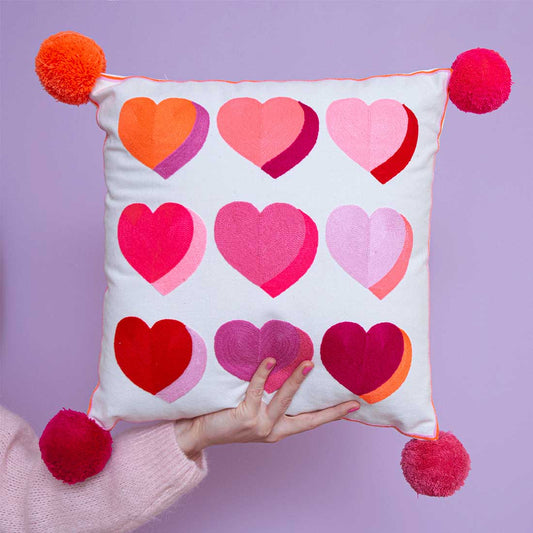 Hearts Embroidered Cushion - Pinks